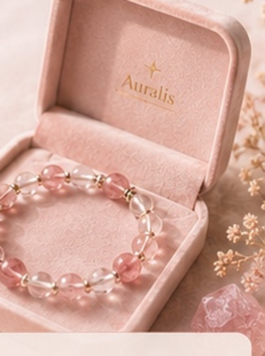 Auralis 光域粉色水晶手鍊作品,陳列於柔粉色首飾盒中